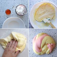 four pictures showing the process of making dough with colored icing on top and bottom