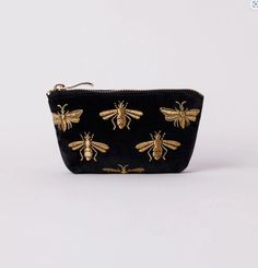 Honey Bee Coin Purse Charcoal – Foxtail Boutique XO Elizabeth Scarlett, Black Bee, Bee Embroidery, Surprises For Her, Gold Bee, Bee Design, Day Bag, Gold Threads, Cotton Velvet