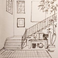 a drawing of a living room with stairs and potted plant in the corner on the floor