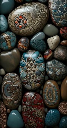 some rocks with different designs on them