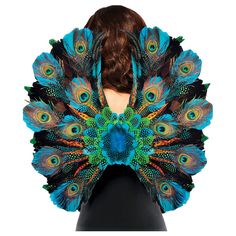 the back of a woman's head, with peacock feathers on her shoulders and behind her is a black mannequin