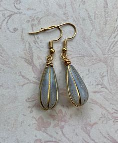 Teardrop Earrings, Czech Glass Earrings, Gold Earrings, Simple Earrings, Everyday Jewelry - Etsy Metal Teardrop Drop Earrings As Gift, Gold Wire Wrapped Glass Earrings, Gold Teardrop Glass Earrings, Nickel-free Teardrop Glass Earrings, Glass Teardrop Earrings With Ear Wire, Gold Wire Wrapped Teardrop Earrings For Gift, Teardrop Glass Earrings With Ear Wire, Iridescent Wire Wrapped Drop Earrings, Iridescent Teardrop Earrings For Gift