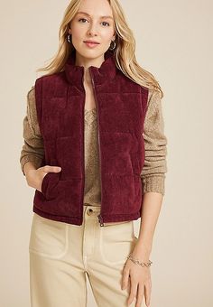 Corduroy Puffer Vest | maurices Corduroy Puffer, Red Puffer Vest, Outerwear Vest, List Style, Puffer Vest, Color Trends, Front Zipper, Favorite Things List, Puffer