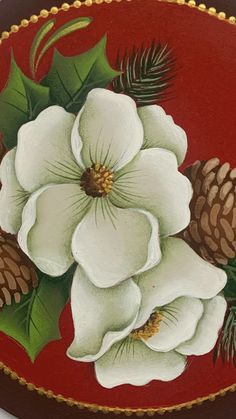 a painting of white flowers and pine cones on a red background