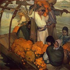 a painting of people on a boat with orange flowers