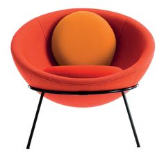 an orange chair with black legs and a yellow ball in the middle on top of it