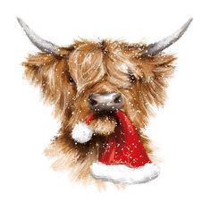 a drawing of a scottish long haired cow wearing a santa hat with horns on it's head