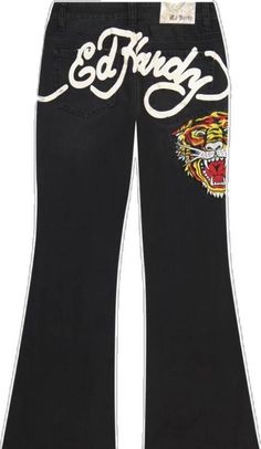 Black Graphic Print Jeans, Designer Fitted Black Jeans, Designer Black Bottoms For Spring, Designer Black Bottoms For Streetwear, Wide Leg Black Jeans, Ed Hardy Jeans, Jeans Women, Ed Hardy, Jeans Color