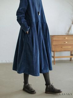 Lasaky - Stylish corduroy dress featuring a round collar, long sleeves, and a flattering A-line silhouette. Plus Size Corduroy, Denim Dress Fall, Spring Maxi Dress, Elegant Midi Dresses, Fall Denim, Corduroy Dress, Comfortable Room, Corduroy Skirt, French Blue