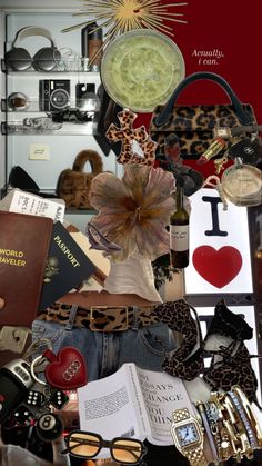 a collage of many different items including books, sunglasses and other things on display