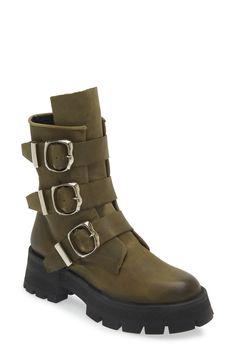 Bring a bit of moto edge to your everyday style in this lug-sole bootie accented with a trio of bold buckle straps. 2 1/4" heel 6 3/4" shaft Side zip closure Leather upper/synthetic lining and sole Imported Cute Work Boots, Fabric Gift Bags, Nordstrom Store, Lug Sole, Everyday Style, Work Boots, Boot Shoes Women, Bootie, Side Zip