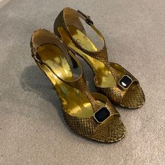 Gunmetal, Made In Italy, Gold Python T-Strap Heels With Black Gem. New Soles Added To Protect Shoes And Add To Wear. Only Been Worn Once! Size 37.5, Fits Like A 37. Black Gems, T Strap Heels, T Strap, Strap Heels, Gold Black, Python, Shoes Women Heels, Shoes Heels, High Heels