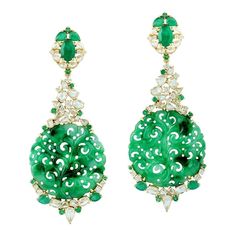 Carved Green Jade Emerald 18 Karat Gold Diamond Earrings | From a unique collection of vintage Dangle Earrings at https://www.1stdibs.com/jewelry/earrings/dangle-earrings/. Mens Diamond Jewelry, Jade Earrings, Diamond Jewelry Designs, Gold Diamond Earrings, Jade Jewelry, Emerald Earrings, Fabulous Jewelry, Gems Jewelry, Sparkle Diamonds