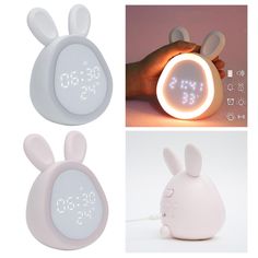 an alarm clock with bunny ears on the front and back, next to a rabbit shaped alarm clock