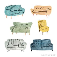 four different colored couches with the words sandy van loon