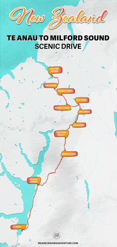 a map showing the route for new zealand to mullifod sound scenic drive