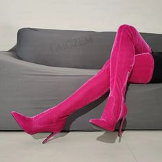 These boots are made of stretch material. If you add the custom fee to customize the the material as well Measurements for this item in size 9 is Ankle 23cm, calf about 31cm, thigh about 45cm. Shaft length is about 71cm. You can get custom measurements. Please add custom fee to order heel style of flat, chunky, or stiletto. CUSTOMIZE FEES COVERS *HEEL STYLE, COLOR AND MATERIAL. We have another listing where the boots can be customized in any way. please search for "CUTOM MADE BOOTS. FIT ANY WAY Thigh High Pink Boots, Trendy Pink Knee-high Boots With Round Toe, Pink Knee-high Wide Calf Boots, Velvet Thigh High Boots, Pink Fitted High Heel Knee-high Boots, Pink Fitted Ankle-high Heeled Boots, Boots Fit, Bodysuit Jumpsuit, Bodysuit Tops