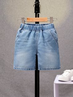 Washed Denim Casual Shorts For Young Boys, Summer Light Wash    Denim Plain Straight Leg Non-Stretch  Young Boys Clothing, size features are:Bust: ,Length: ,Sleeve Length: Solid Cotton Jean Shorts With Pockets, Solid Denim Shorts For Summer, Stretch Light Wash Shorts With Pockets, Casual Solid Denim Shorts, Stretch Denim Knee-length Shorts, Boys Denim Shorts, Boys Denim, Shorts Casual, Light Summer