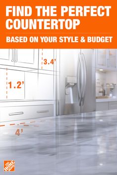 an orange and white poster with the words find the perfect countertop based on your style & budget