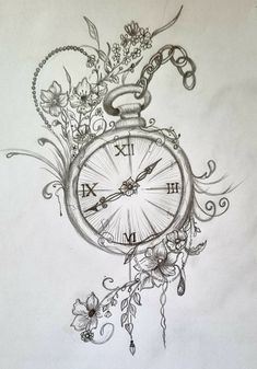 a drawing of a pocket watch with flowers on it