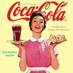 an advertisement for coca cola featuring a woman holding a plate with sandwiches and a glass of coke