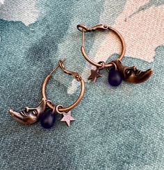 Fun copper half moon, copper star, and cobalt blue teardrop on Copper Lever Back Hoops.  The half moon is 19x9mm and dangle a little over an inch. The copper hoop is 20mm Very light weight and so pretty in the light.  Great for work or casual.  I love how this design came together. The half moon is so whimsical with a smile. The star and moon are double sided. The cobalt blue teardrop reminds me of the night sky.   UniquelybyRuth pays for your first class shipping when your order is $35 or more, so take a look around the shop and see if anything else calls to you! 🆓 Star And Moon, Half Moon, Stars And Moon, Night Sky, Favorite Things Gift, Cobalt Blue, Cobalt, Jewelry Earrings Dangle, Etsy Earrings