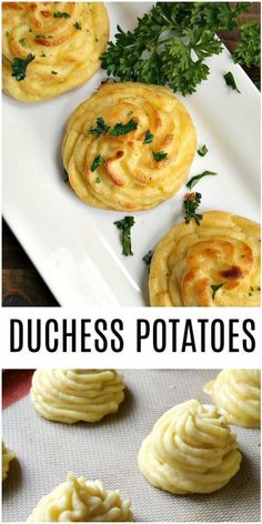 some food that is on top of a white plate and in front of the words, duches potatoes