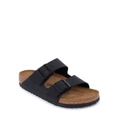 Walk down the street in comfort wearing these women's Birkenstock black Arizona slides. They feature a Birko-Flor® durable and easy-to-clean faux leather upper with a timeless open toe slip-on design, two individually adjustable straps with metal pin buckle closures for a customized fit, an anatomically shaped cork-latex footbed, a suede lined footbed, and an EVA outsole. | Birkenstock Women's Arizona Slide Sandal in Black Size EU 39/US 8-8. 5 Medium Birkenstock Styles, Birkenstock Black, Birkenstock Women, Boston Clog, Birkenstock Sandals, Comfort Wear, Birkenstock Shoes, Sandals Black, Things To Buy