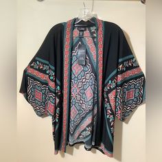 Beautiful Jacket/Kimono That I Never Got A Chance To Wear, Bought A Whole 3 Piece Outfit & Never Got Around To Wearing It After I Spent Time Putting It Together. Capris & Top Are In My Posh Closet Also, Send Me An Offer On The Whole Set, But Top Is Xl. Black Outerwear For Vacation In Fall, Casual Outerwear With Kimono Sleeves For Festivals, Casual Black Outerwear For Vacation, Bohemian Black Outerwear With Floral Print, Black Bohemian Outerwear With Floral Print, Casual Printed Black Kimono, Casual Black Printed Kimono, Casual Fall Patterned Kimono, Casual Patterned Fall Kimono