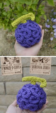 the crocheted ball is being held up by someone's hand, and there are