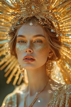 a woman with gold makeup and headdress in front of her face, wearing an elaborate headpiece