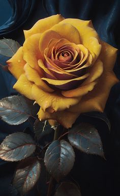 a yellow rose with green leaves and water droplets on it's petals, in front of a blue background