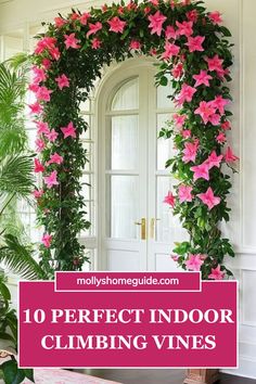 pink flowers and greenery are the perfect decor for this indoor climbing vines arch in front of a white door