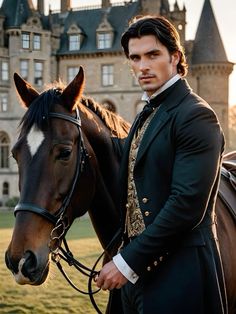 a man standing next to a horse in front of a castle