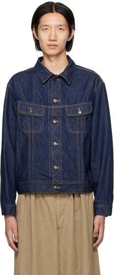 Non-stretch denim jacket. · Spread collar · Button closure · Flap pockets · Single-button barrel cuffs · White stitching at back collar · Adjustable button tabs at back hem · Contrast stitching in tan Supplier color: Indigo Faded Denim Jacket With Button Closure For Streetwear, Faded Washed Button-up Denim Jacket, Faded Washed Denim Button-up Jacket, Unstructured Button-up Cotton Denim Jacket, Single-breasted Collared Denim Outerwear, Denim Jacket Women, Contrast Stitch, Flap Pocket, Stretch Denim