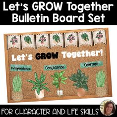 a bulletin board with plants on it and the words let's grow together written below