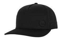 a black hat with a circle on the front and an embroidered patch at the peak