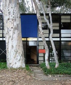 two trees in front of a building with blue doors and windows on the outside side