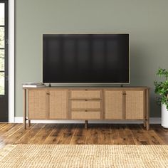 a large flat screen tv sitting on top of a wooden cabinet next to a potted plant