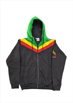 Reggaenthings Rasta hoodie Black with rasta stripes around shoulders and green hoodie. two side pockets with zippers Green Double-lined Hoodie For Streetwear, Urban Green Hoodie With Double-lined Hood, Hooded Track Jacket With Kangaroo Pocket For Streetwear, Green Sports Hooded Jacket With Double-lined Hood, Green Sports Hooded Jacket, Green Hooded Sports Jacket With Double-lined Hood, Green Hooded Hip Hop Outerwear, Green Hooded Jacket For Sports, Three Stripes Hooded Sweatshirt For Streetwear