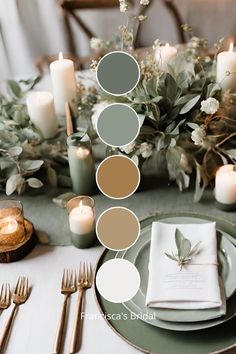 the table is set with candles, plates and napkins in shades of gray, green, white and gold