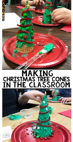 kids making christmas tree ones in the classroom