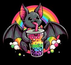 a bat drinking a drink out of a cup with bubbles on the bottom and rainbows around