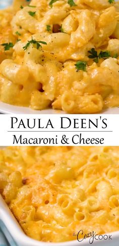 two pictures of macaroni and cheese with parsley on the top, and in the bottom