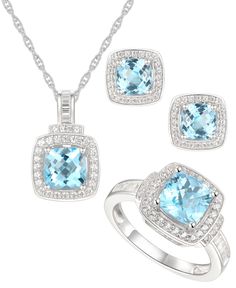 Embrace the beauty of blue topaz and diamonds in this sparkling three piece set. Each piece (ring, stud earrings and pendant necklace) shines with cushion-cut blue topaz set within halos of diamonds. Elegant Macy's Jewelry With Center Stone, Macy's Silver Gemstone Jewelry, Macy's Classic Gemstone Jewelry, Macy's Jewelry With Center Stone In Round Cut, Macy's Jewelry With Round Cut Center Stone, Macy's Blue Fine Jewelry, Fine Jewelry With Topaz And Gemstone Accents, Macy's Jewelry With Halo Setting For Wedding, Macy's Sterling Silver Jewelry With Gemstones