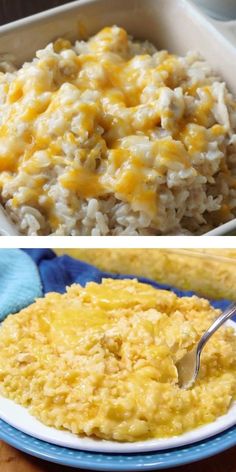 two pictures one with rice and the other with cheese in it, both on plates