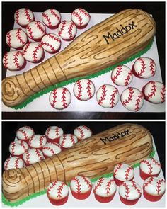 two cakes decorated with baseball bats and balls