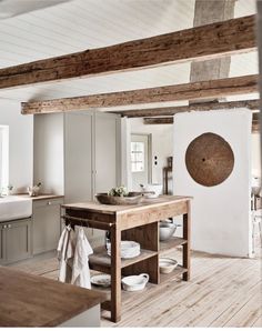 a wooden table sitting in the middle of a kitchen