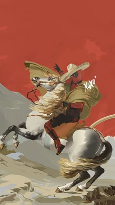 a man riding on the back of a white horse next to a red sky and mountains