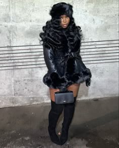 Hooded Dress Outfit Black Women, Black Birthday Outfit Winter, Birthday Outfit With Gloves, Mini Coat Outfit, Fur Coat Outfits Black Women, Plus Size New Year’s Eve Outfit, Fur Dress Coat, Fur Coat Birthday Outfit, Fur Jacket Dress Outfit